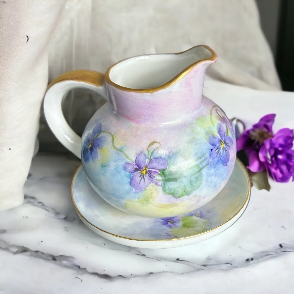 Vintage Limoge Purple Floral Hand Painted Porcelain Creamer with Plate, Gold Rim